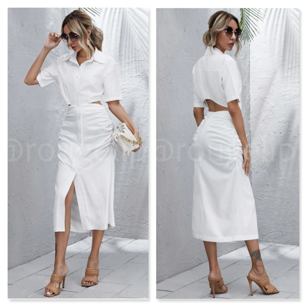 White Button Front Cut Out Back Midi Dress Short Sleeve Ruched Hips Collared